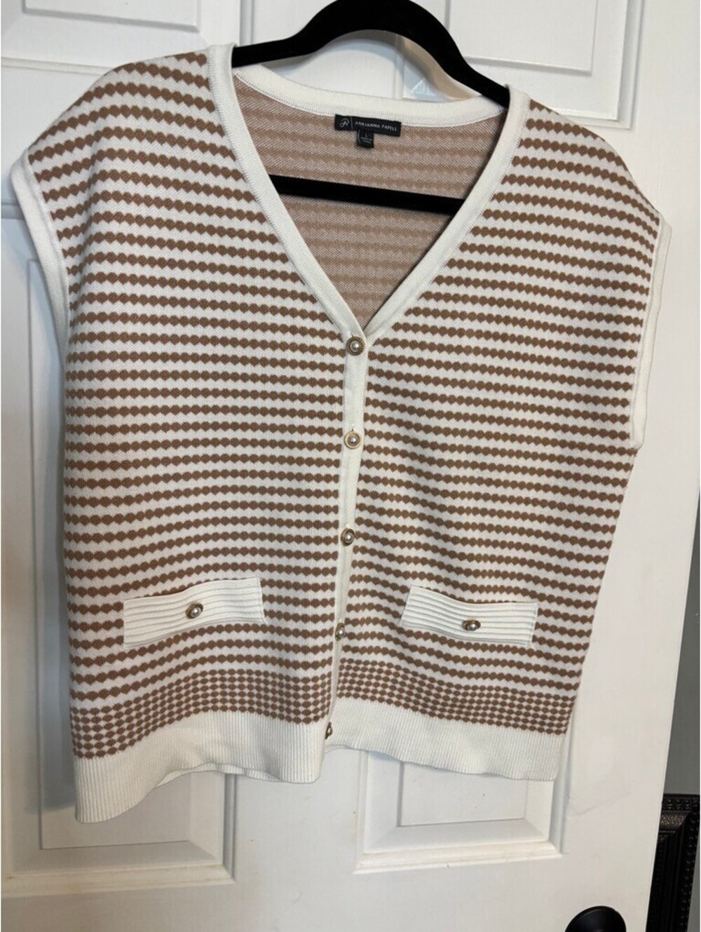 Adrianna Papell Size L Striped Knit Sweater Vest Pearl Button Cardigan